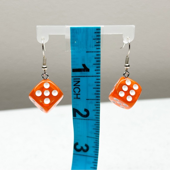 Novelty Earrings Dice Orange 6-Sided Silver Color Ear-wire - Picture 3 of 3